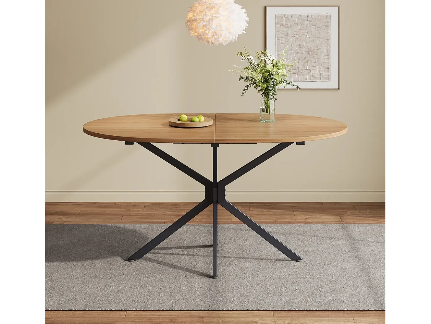 Mesa de comedor moderna, diseño limpio, MDF, color natural, con patas de metal, ovalada, para 4-6 personas (L120 x P80 x H75,5 cm)