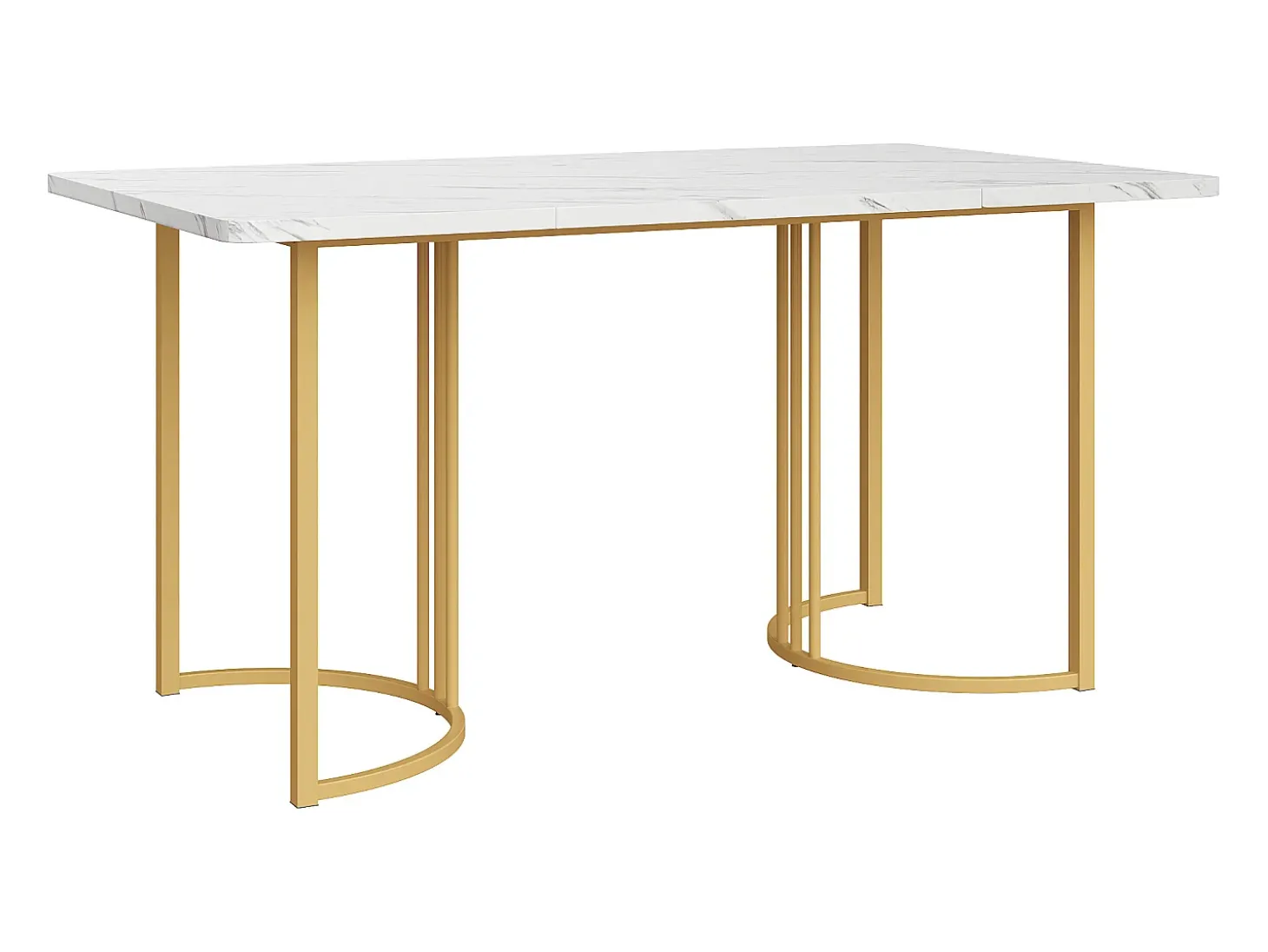 Mesa de comedor moderna de 140×80 cm, con patas de metal dorado, diseño de MDF blanco, tapa de mármol (140×80×75 cm)