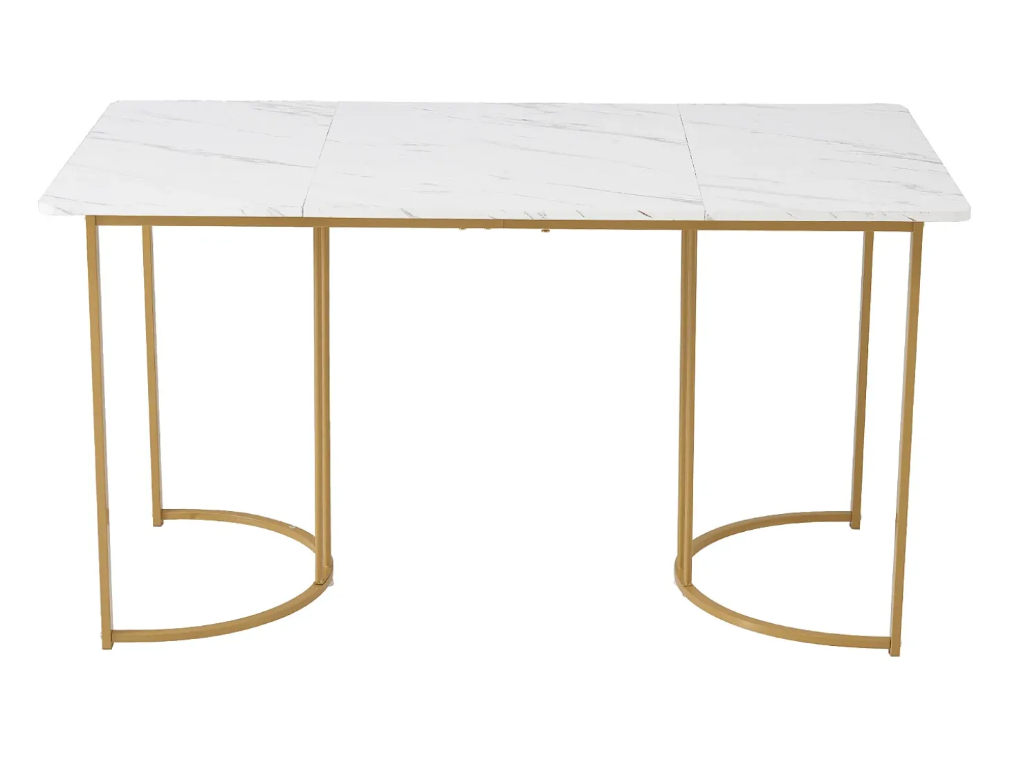 Mesa de comedor moderna de 140×80 cm, con patas de metal dorado, diseño de MDF blanco, tapa de mármol (140×80×75 cm)