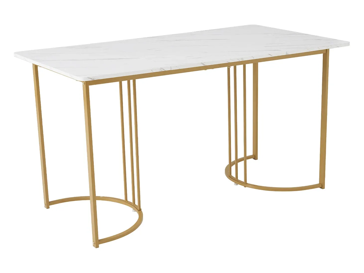 Mesa de comedor moderna de 140×80 cm, con patas de metal dorado, diseño de MDF blanco, tapa de mármol (140×80×75 cm)