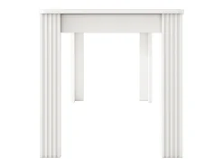 Mesa de comedor moderna, rectangular, patas de metal, diseño limpio, madera aglomerada, color blanco (dimensiones no especificadas)
