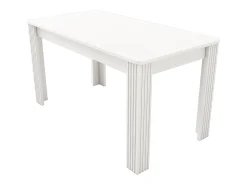 Mesa de comedor moderna, rectangular, patas de metal, diseño limpio, madera aglomerada, color blanco (dimensiones no especificadas)