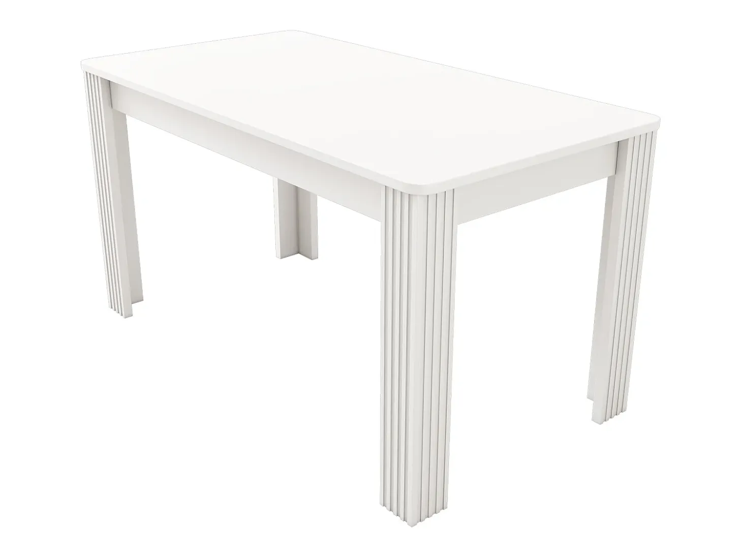 Mesa de comedor moderna, rectangular, patas de metal, diseño limpio, madera aglomerada, color blanco (dimensiones no especificadas)