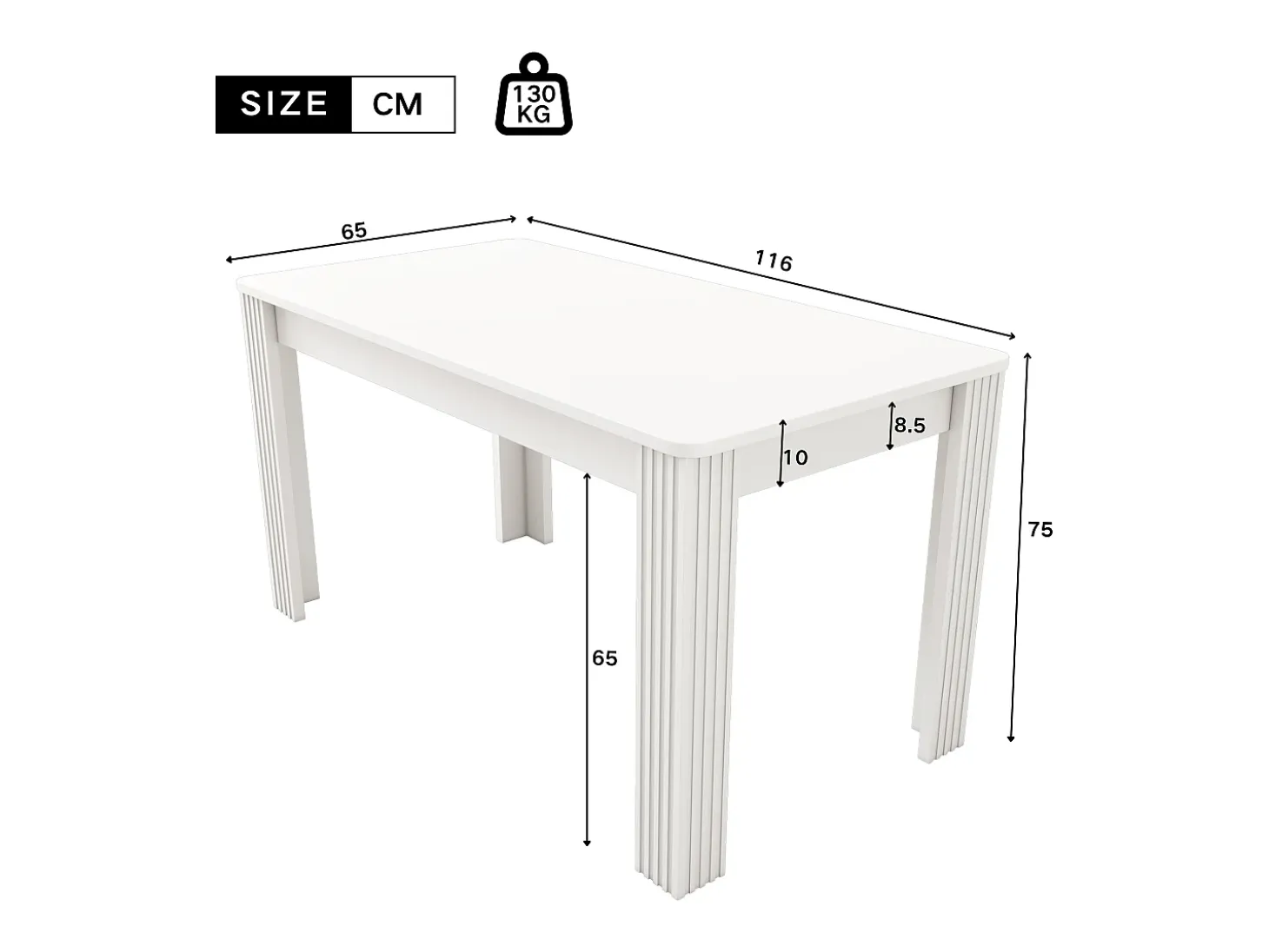 Mesa de comedor moderna, rectangular, patas de metal, diseño limpio, madera aglomerada, color blanco (dimensiones no especificadas)