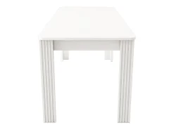 Mesa de comedor moderna, rectangular, patas de metal, diseño limpio, madera aglomerada, color blanco (dimensiones no especificadas)