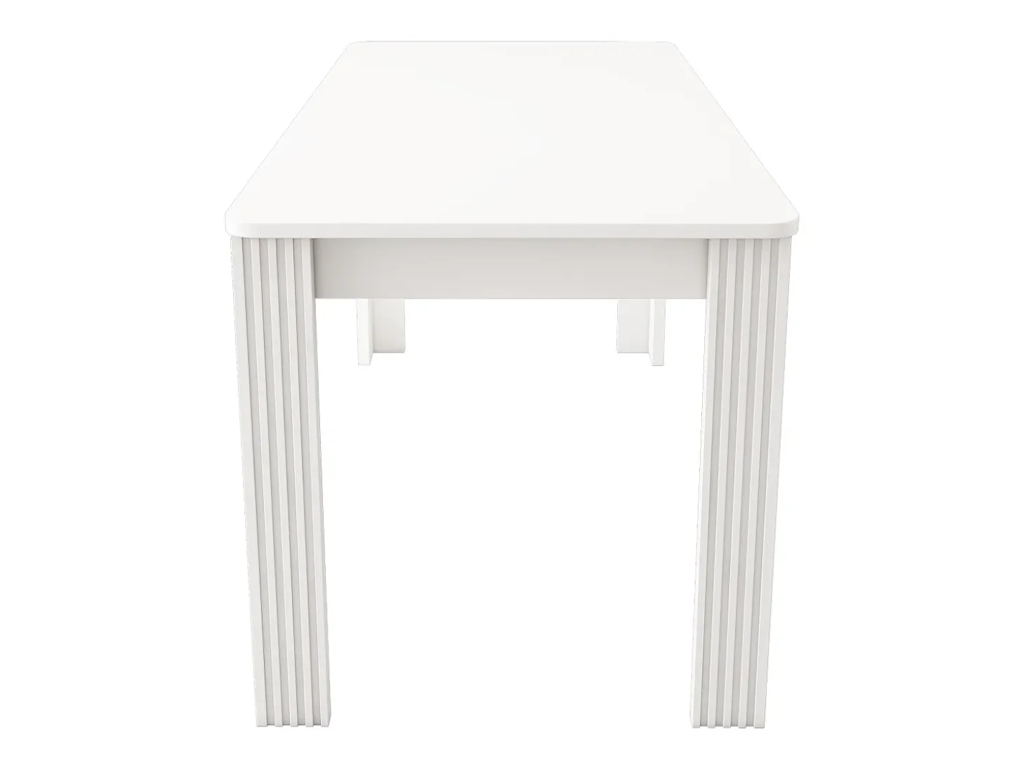 Mesa de comedor moderna, rectangular, patas de metal, diseño limpio, madera aglomerada, color blanco (dimensiones no especificadas)