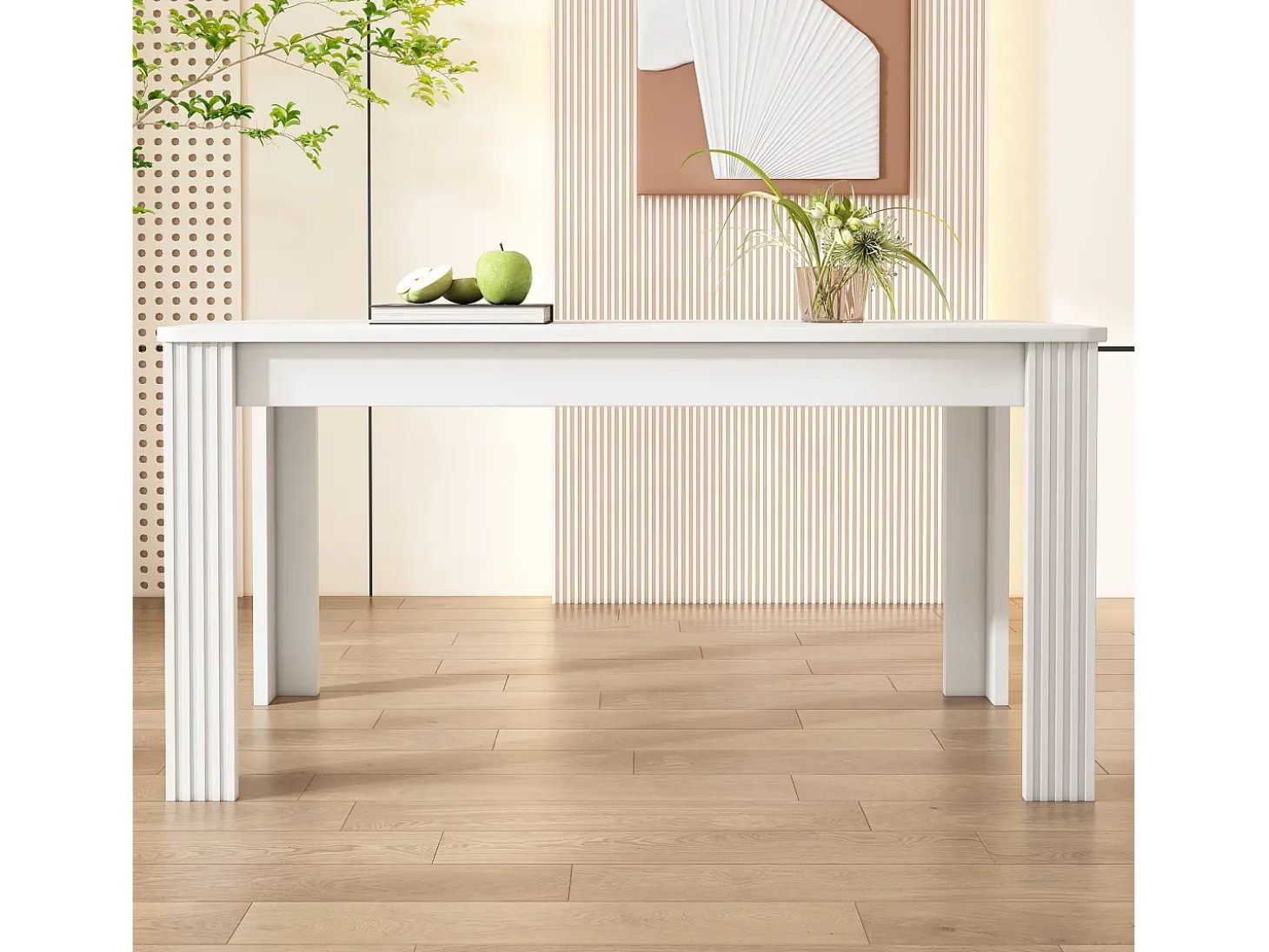 Mesa de comedor moderna, rectangular, patas de metal, diseño limpio, madera aglomerada, color blanco (dimensiones no especificadas)