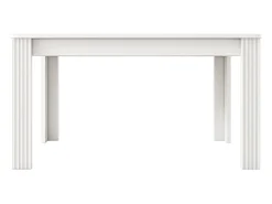 Mesa de comedor moderna, rectangular, patas de metal, diseño limpio, madera aglomerada, color blanco (dimensiones no especificadas)