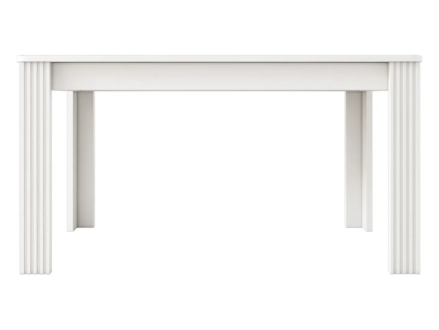 Mesa de comedor moderna, rectangular, patas de metal, diseño limpio, madera aglomerada, color blanco (dimensiones no especificadas)