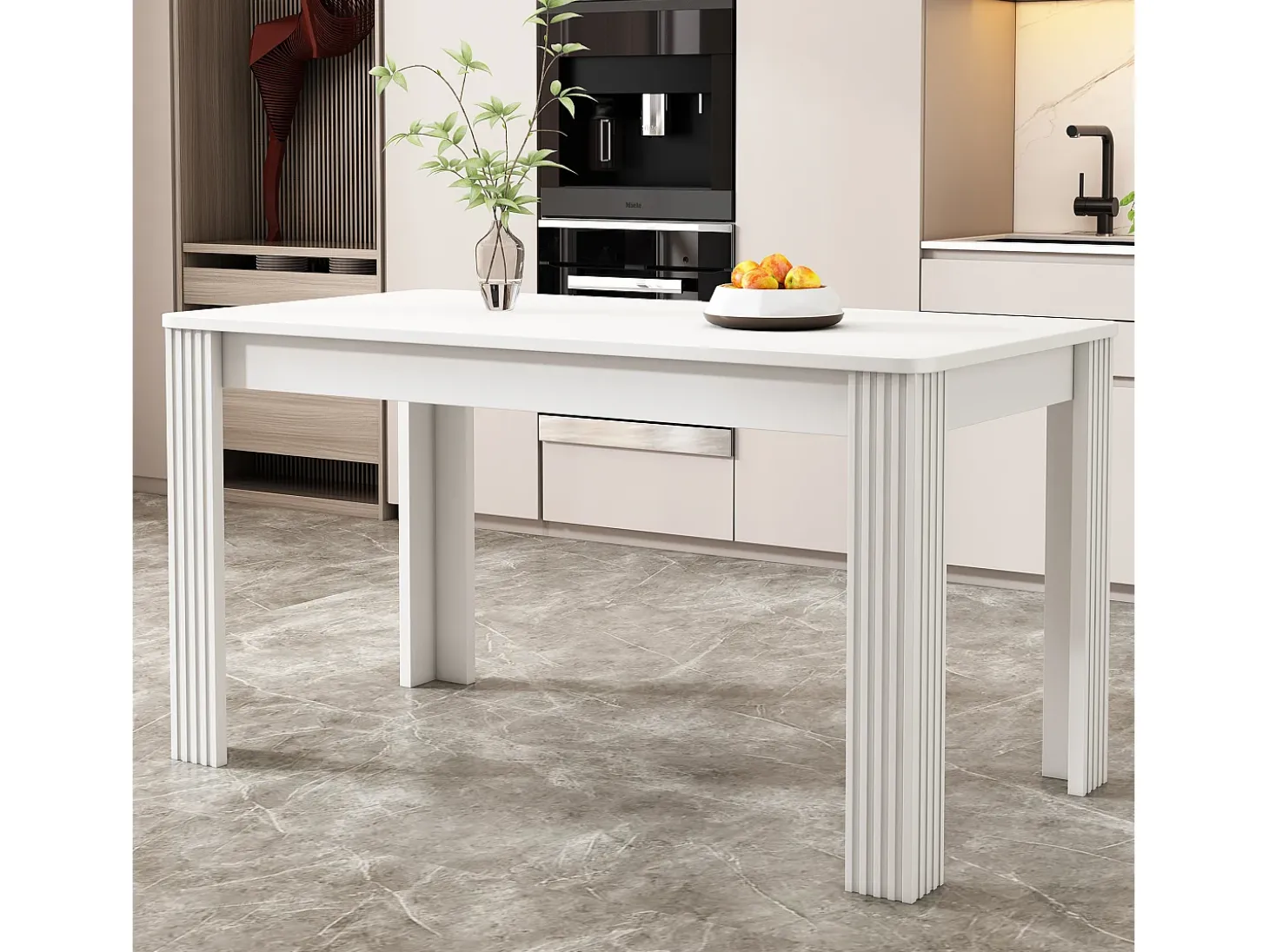 Mesa de comedor moderna, rectangular, patas de metal, diseño limpio, madera aglomerada, color blanco (dimensiones no especificadas)