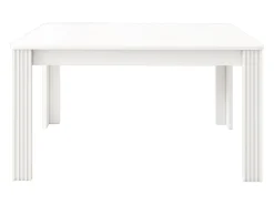 Mesa de comedor moderna, rectangular, patas de metal, diseño limpio, madera aglomerada, color blanco (dimensiones no especificadas)