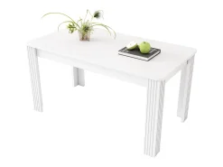 Mesa de comedor moderna, rectangular, patas de metal, diseño limpio, madera aglomerada, color blanco (dimensiones no especificadas)