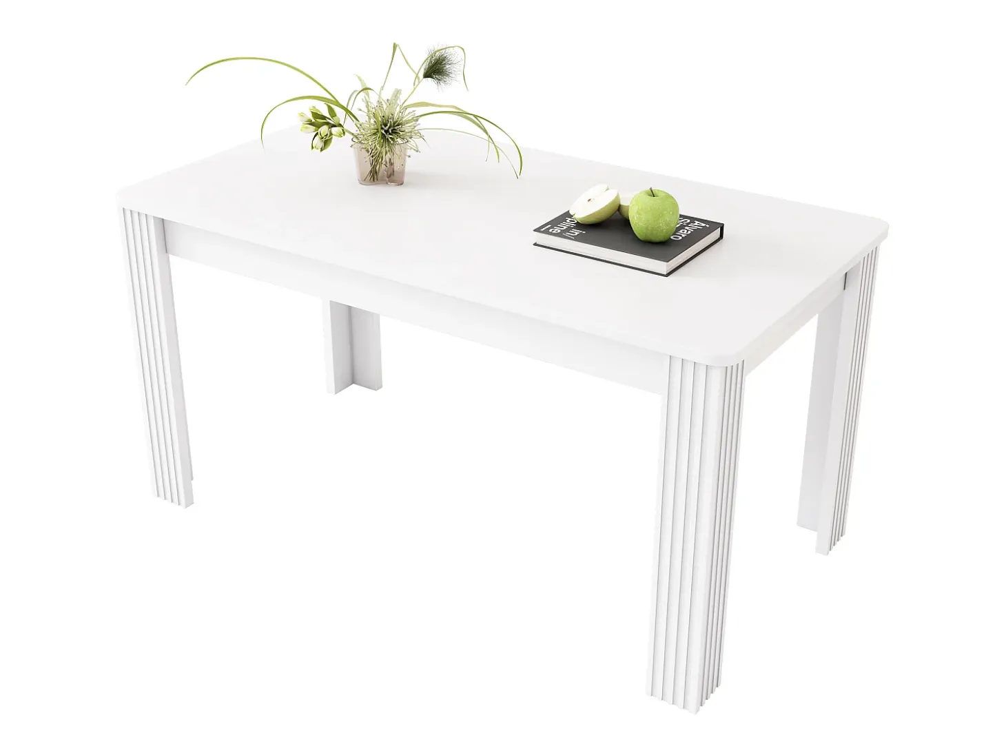 Mesa de comedor moderna, rectangular, patas de metal, diseño limpio, madera aglomerada, color blanco (dimensiones no especificadas)