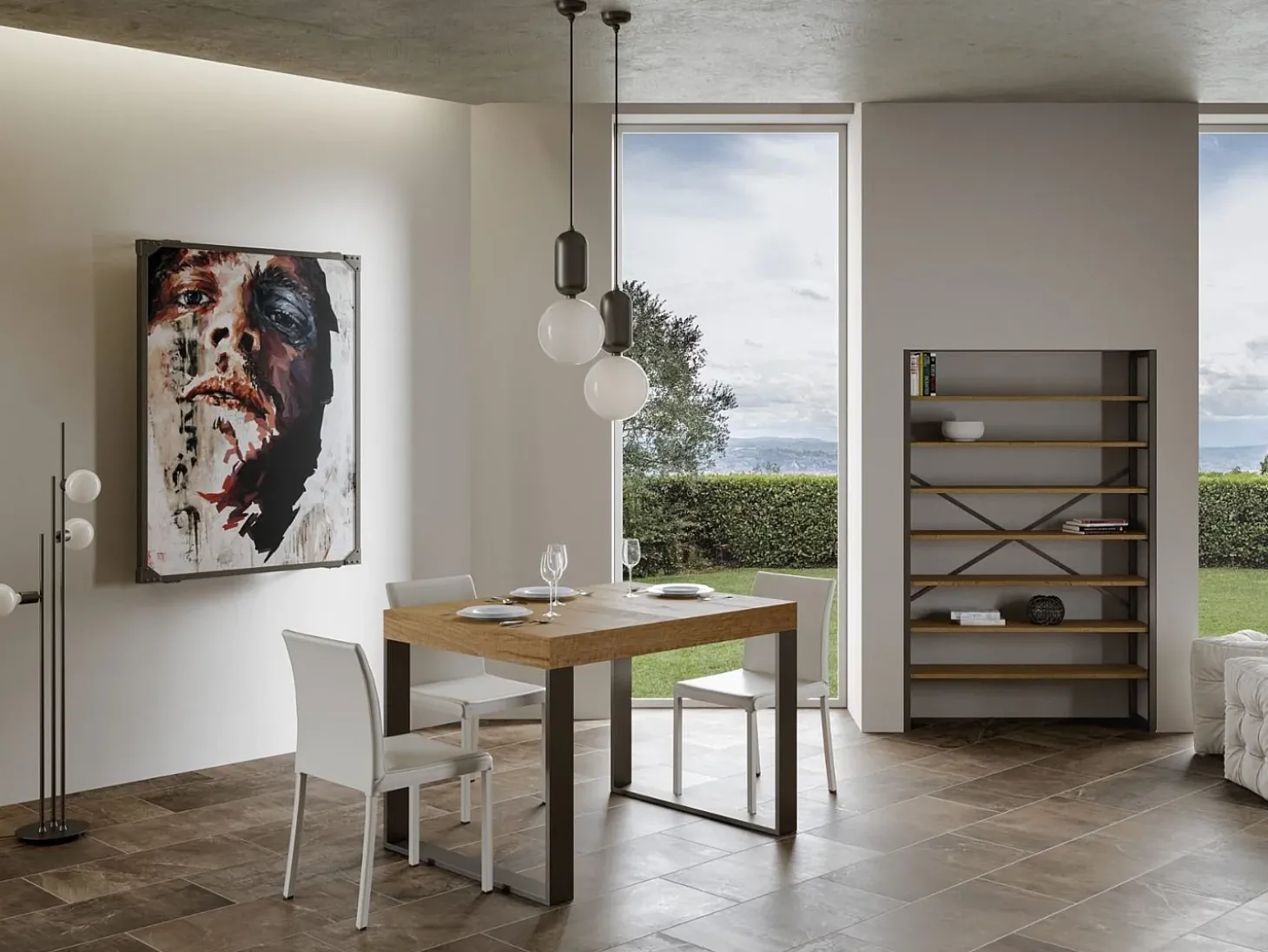 Mesa de comedor moderna Tiroz 130 cm de madera clara con patas de metal antracita