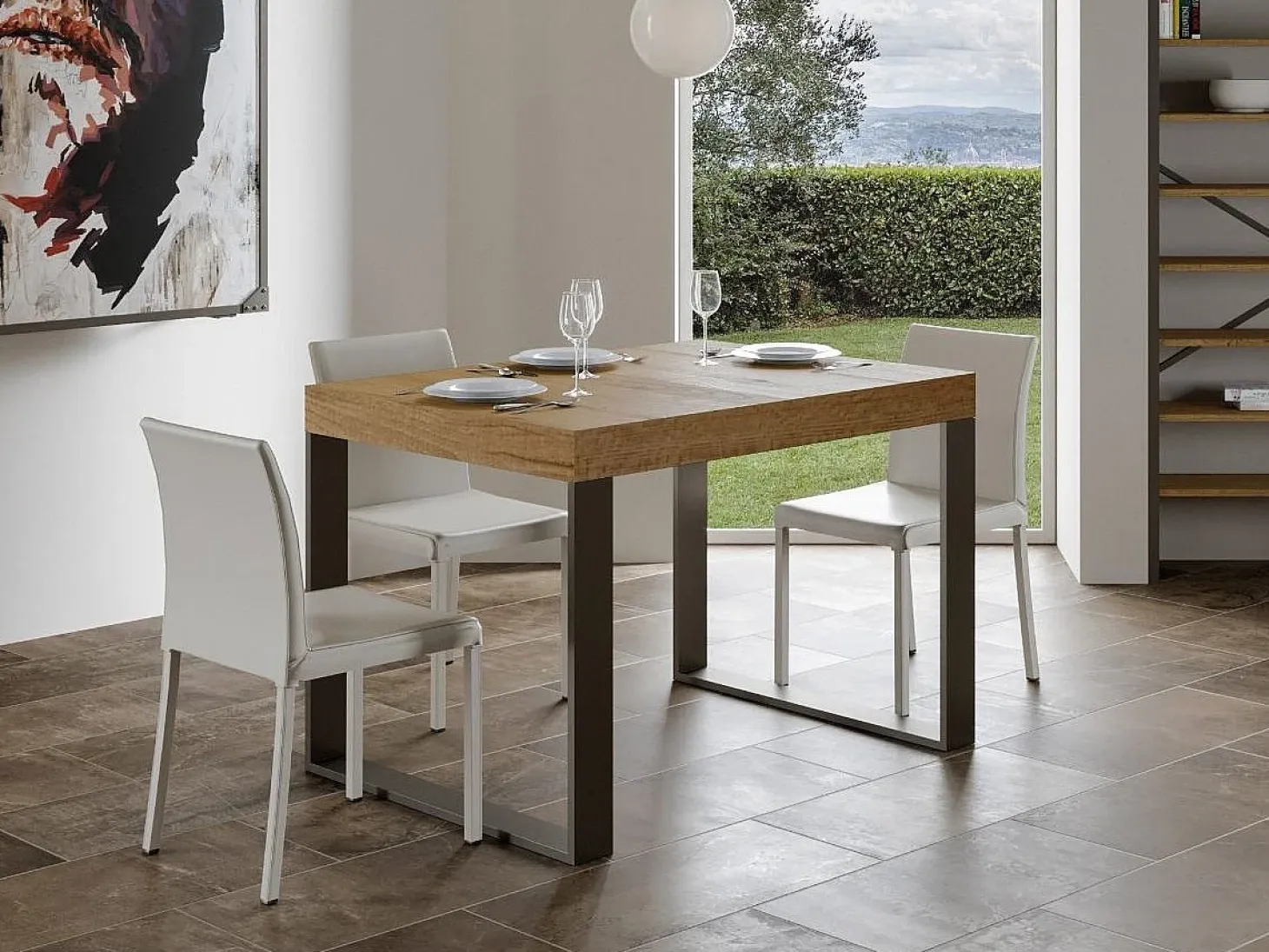 Mesa de comedor moderna Tiroz 130 cm de madera clara con patas de metal antracita