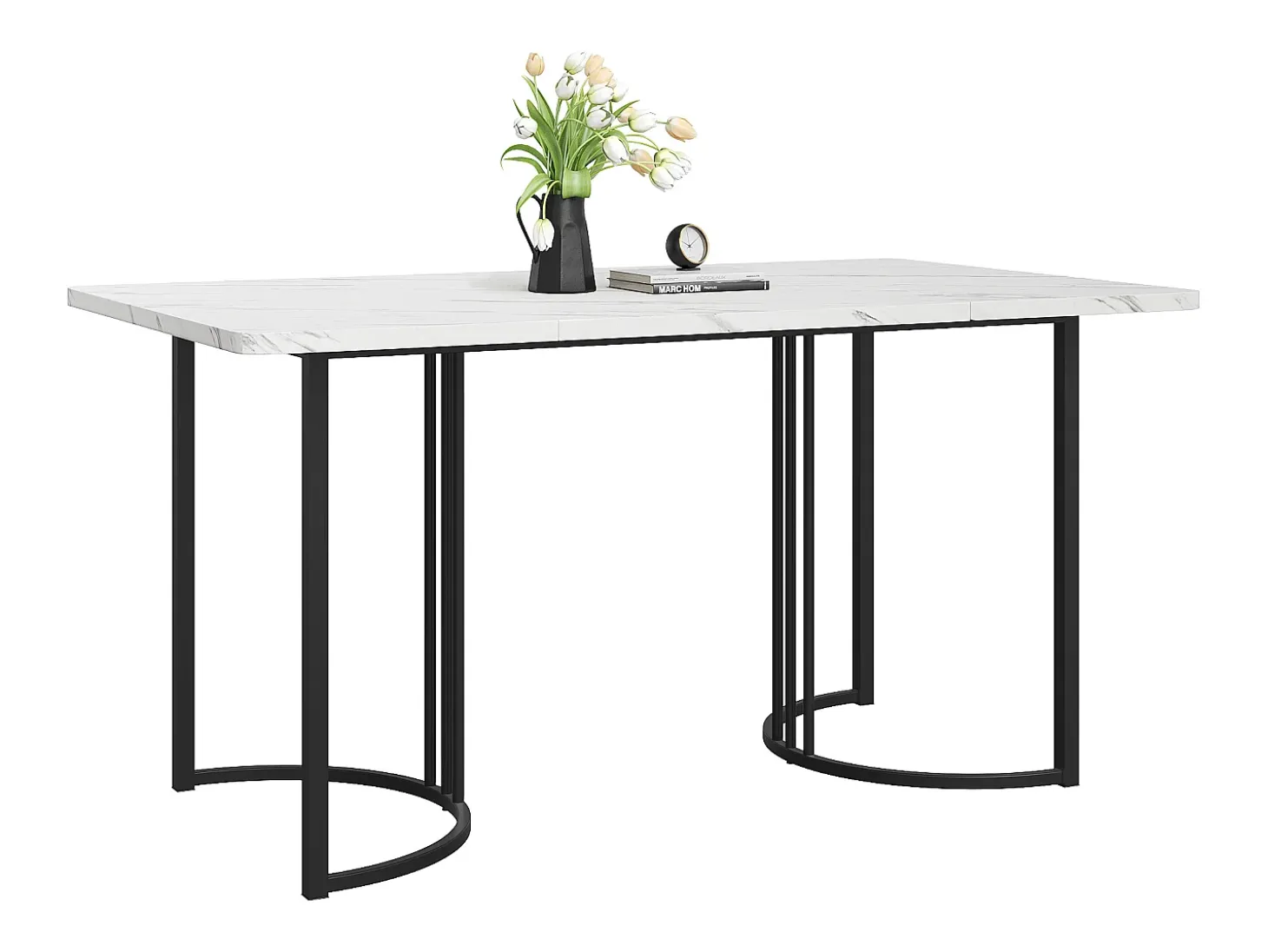 Mesa de comedor moderna 140x80cm, MDF blanco con patas de metal dorado, tablero de mármol (140x80x75 cm)
