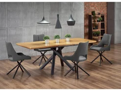 Mesa de comedor Montevideo con pata central de acero negro y tablero de aspecto roble