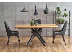 Mesa de comedor Montevideo con pata central de acero negro y tablero de aspecto roble