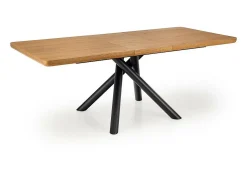Mesa de comedor Montevideo con pata central de acero negro y tablero de aspecto roble