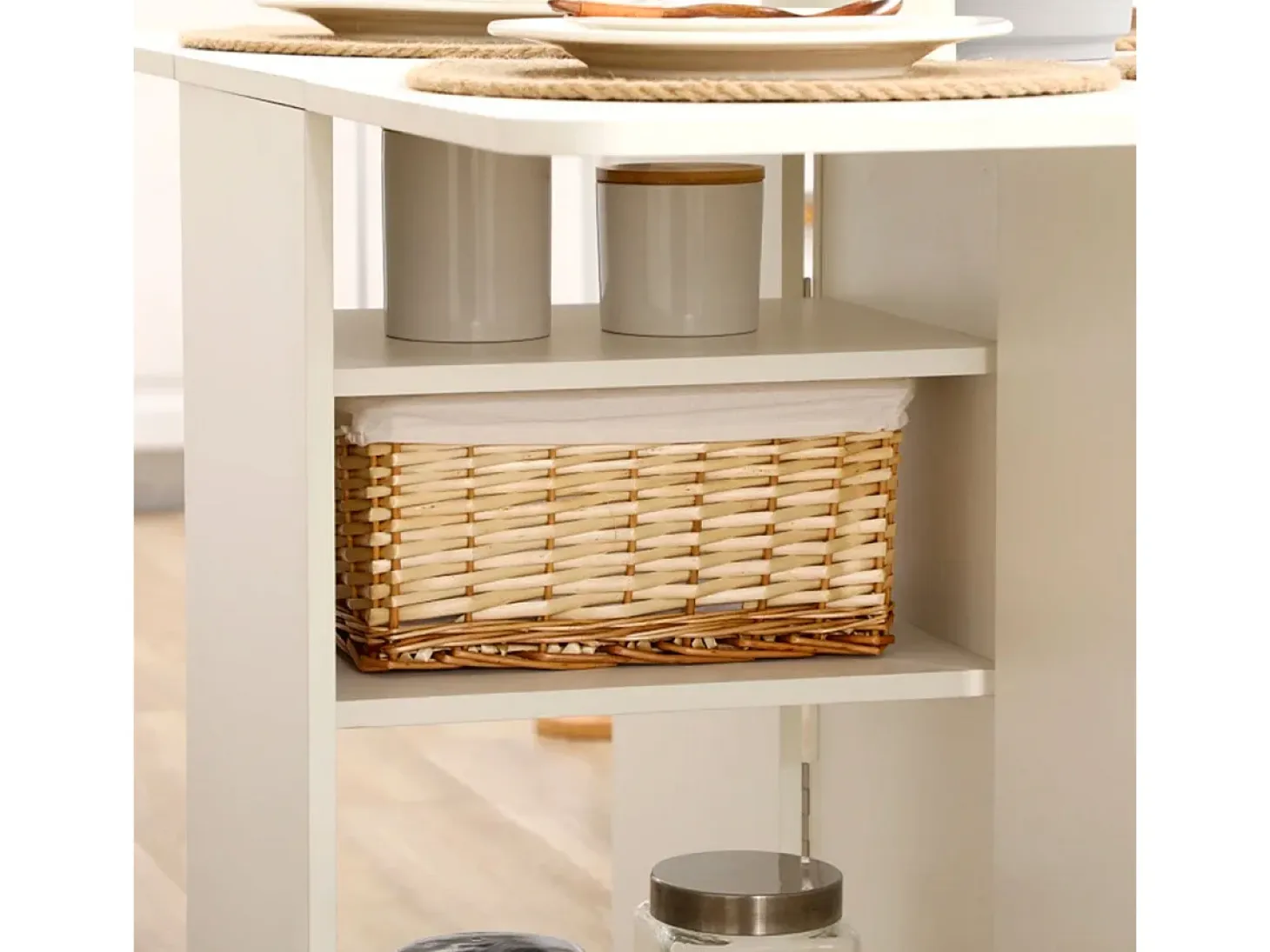 Mesa de comedor Oke Homcom plegable 2 cajones + 1 armario + ruedas blanco 75x35-120x80 cm
