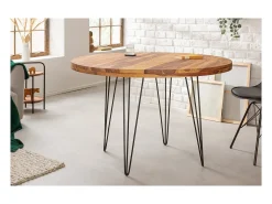 Mesa de comedor ORBO 120 cm – Tablero de madera de Sheesham barnizado y patas de metal negro – Estilo industrial