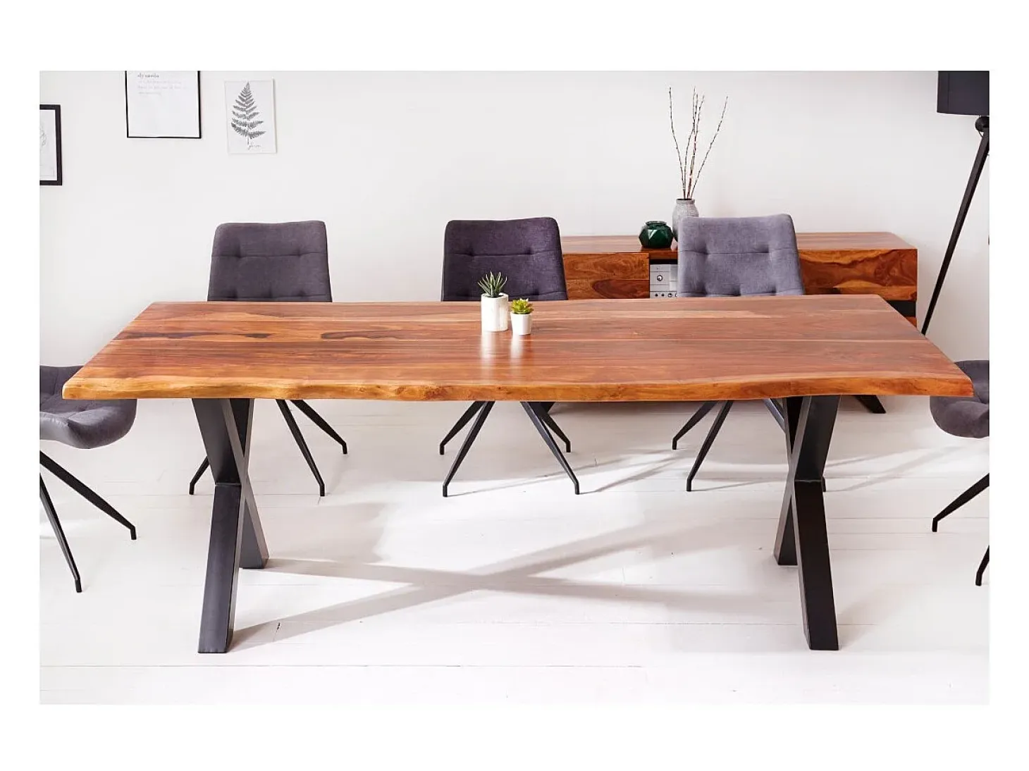 Mesa de comedor ORKAN – Madera maciza de sheesham barnizada y metal – Pie en X – 200 cm
