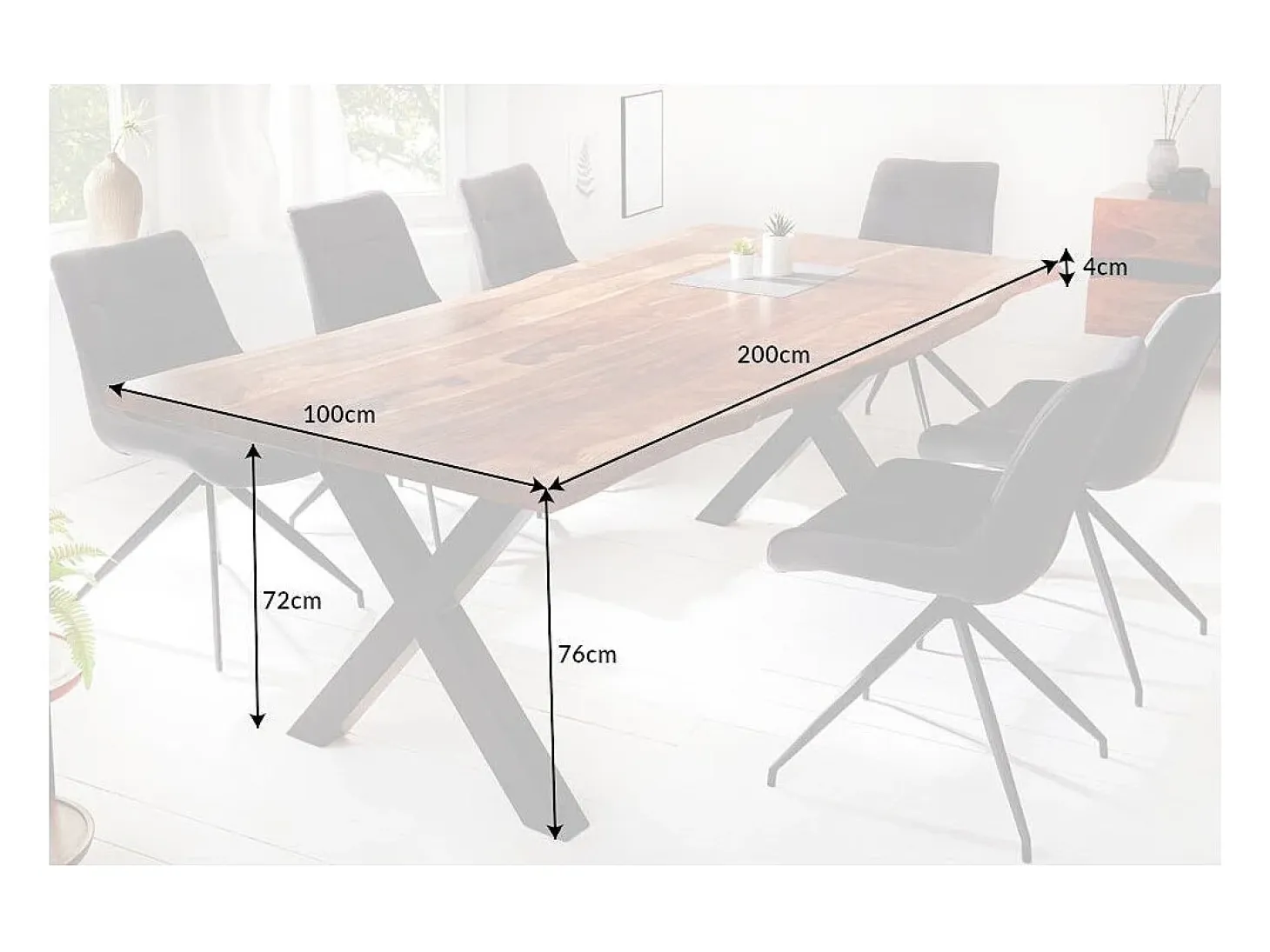 Mesa de comedor ORKAN – Madera maciza de sheesham barnizada y metal – Pie en X – 200 cm