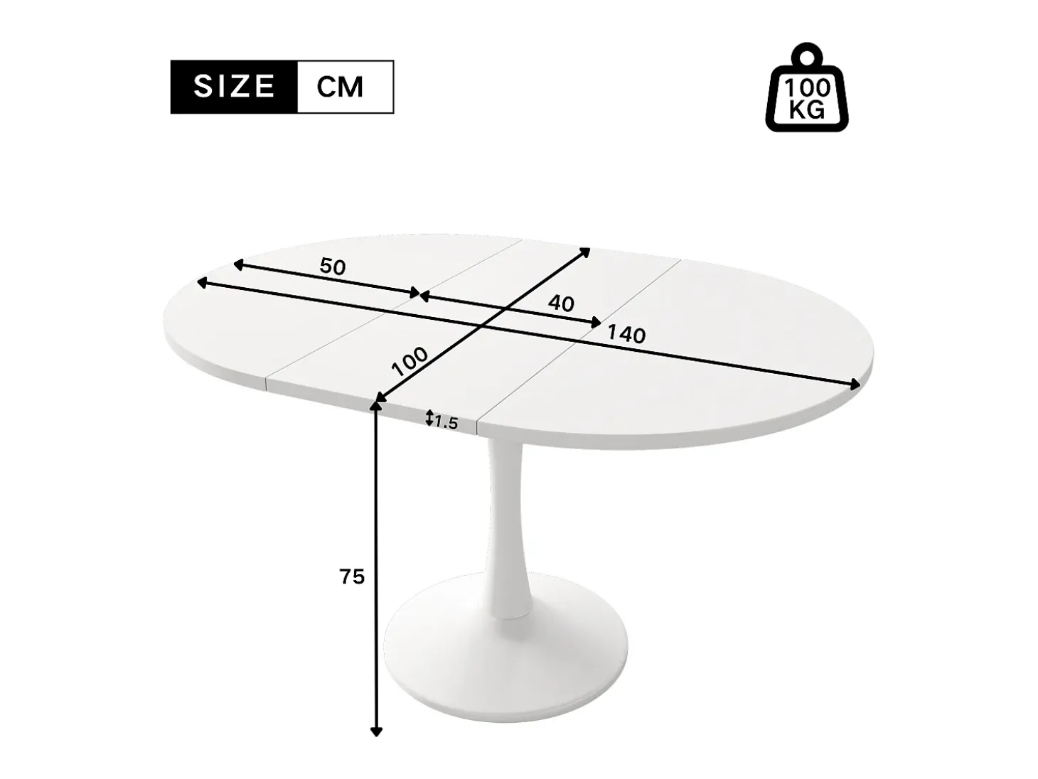 Mesa de comedor ovalada - Mesa redonda extensible blanca - Para comedor y sala de estar