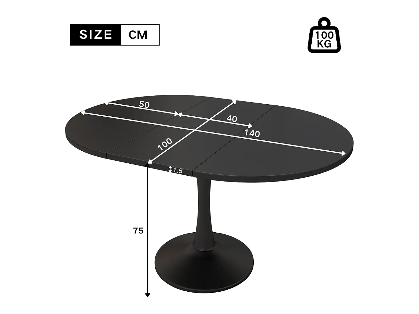 Mesa de comedor ovalada - Mesa redonda extensible negra - para comedor y sala de estar