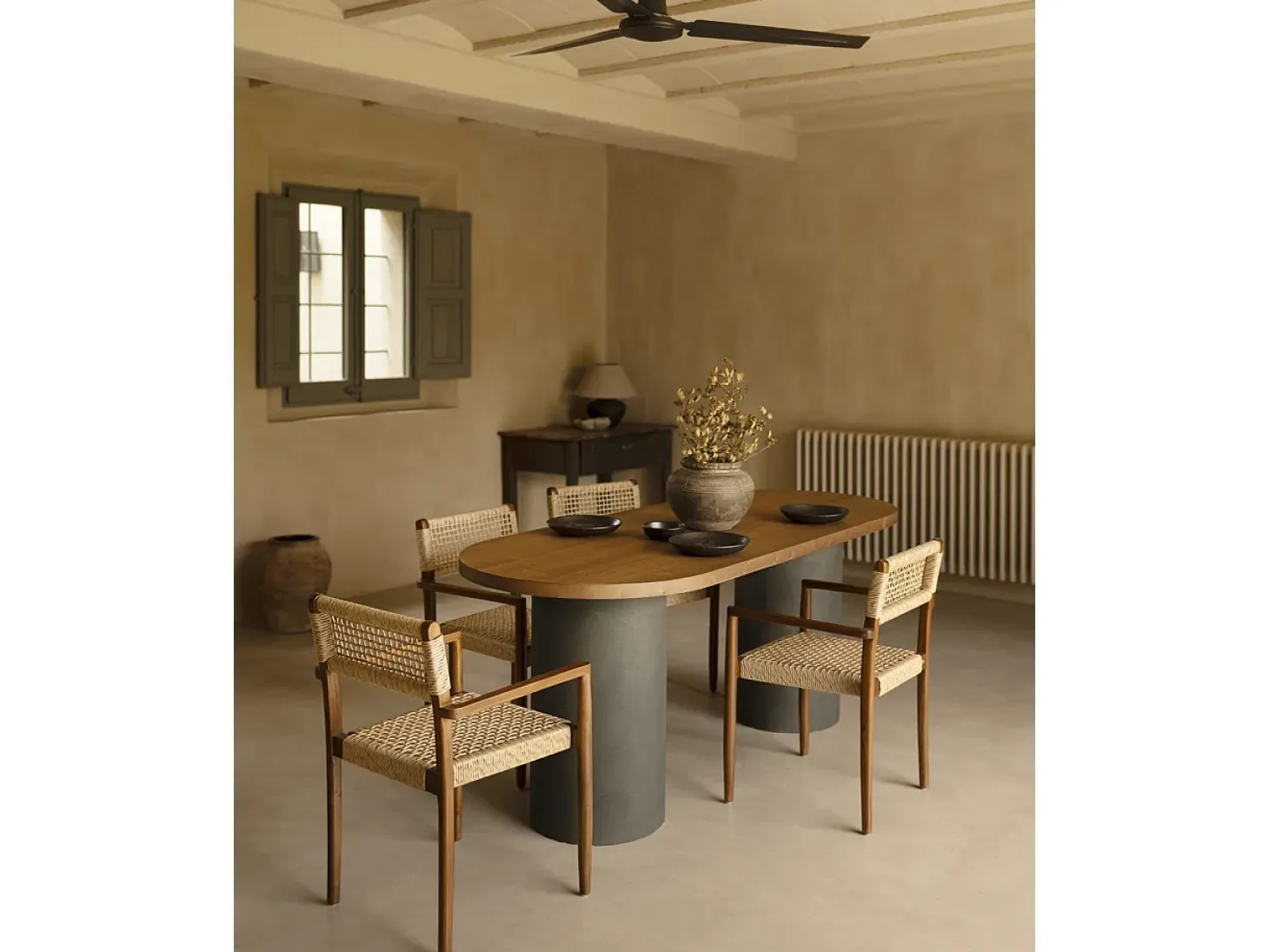 Mesa de comedor ovalada de madera maciza tono roble oscuro y patas de microcemento en tono verde DECOWOOD de 180x75cm - LUCÍA - DECOWOOD