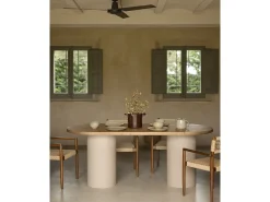Mesa de comedor ovalada de madera maciza tono roble oscuro y patas de microcemento en tono tierra DECOWOOD de 180x75cm - LUCÍA - DECOWOOD