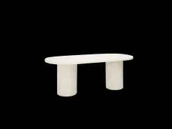 Mesa de comedor ovalada de madera maciza tono roble oscuro y patas de microcemento en tono verde DECOWOOD de 220x75cm - LUCÍA - DECOWOOD