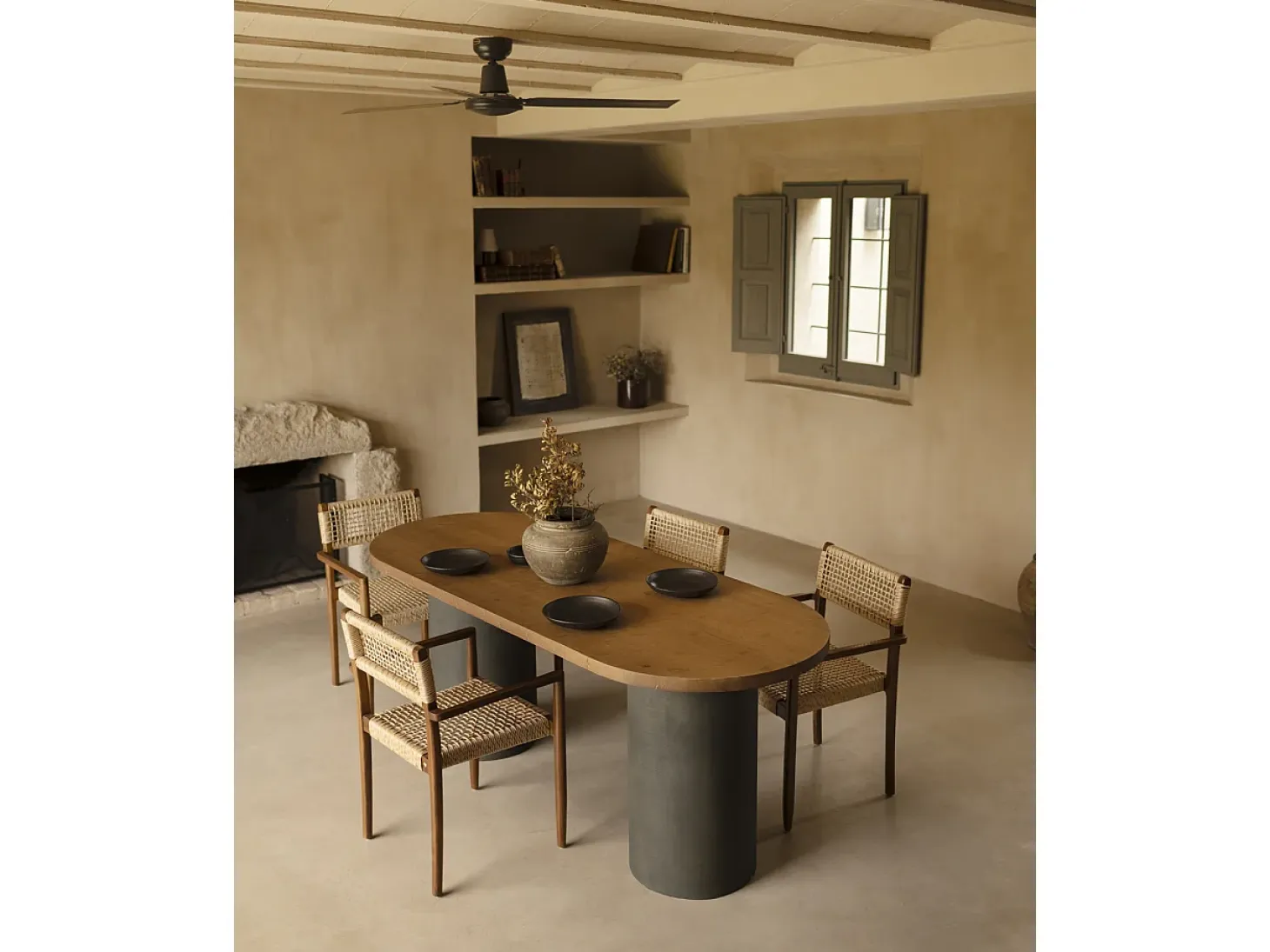 Mesa de comedor ovalada de madera maciza tono roble oscuro y patas de microcemento en tono verde DECOWOOD de 200x75cm - LUCÍA - DECOWOOD