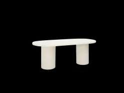 Mesa de comedor ovalada de madera maciza tono roble oscuro y patas de microcemento en tono verde DECOWOOD de 200x75cm - LUCÍA - DECOWOOD