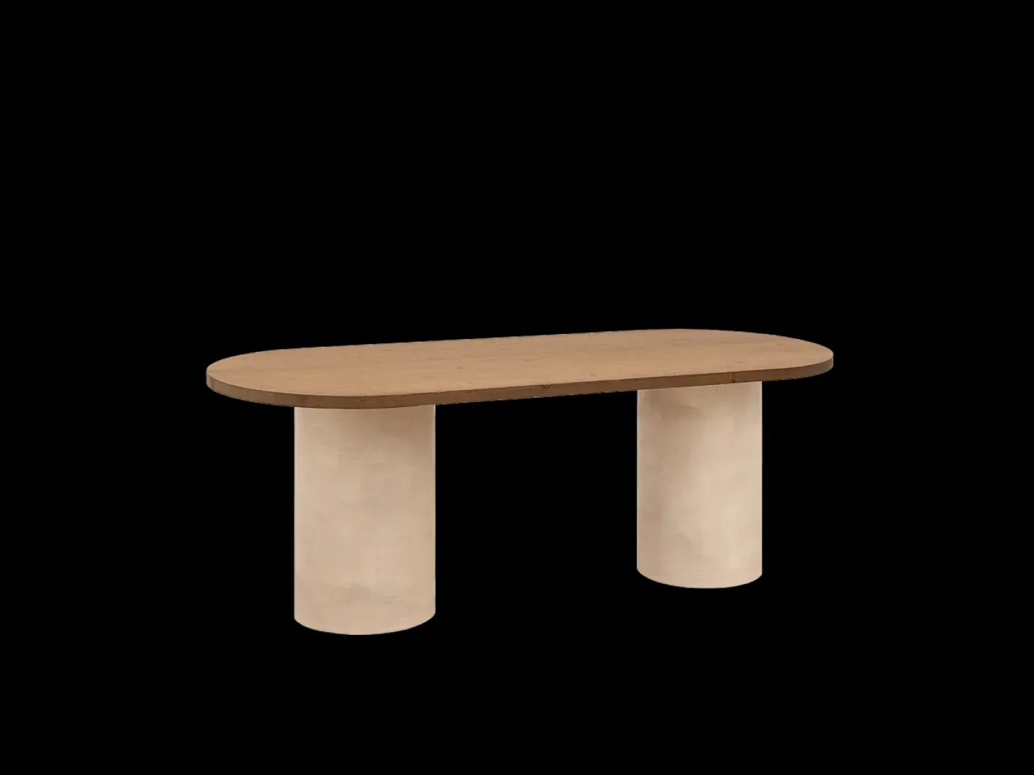 Mesa de comedor ovalada de madera maciza tono roble oscuro y patas de microcemento en tono tierra DECOWOOD de 160x75cm - LUCÍA - DECOWOOD