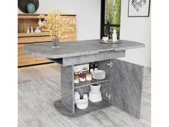 Mesa de comedor ovalada extensible - Mesa gris con una puerta y tiradores plateados - con almacenaje