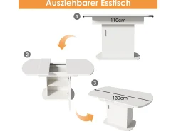 Mesa de comedor ovalada extensible (110/130 x 70 x 75 cm) - Mango blanco/plateado
