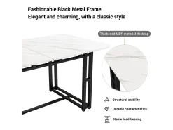 Mesa de comedor para 6 a 8 cubiertos con diseño de mármol - MDF + patas de metal negro - blanco