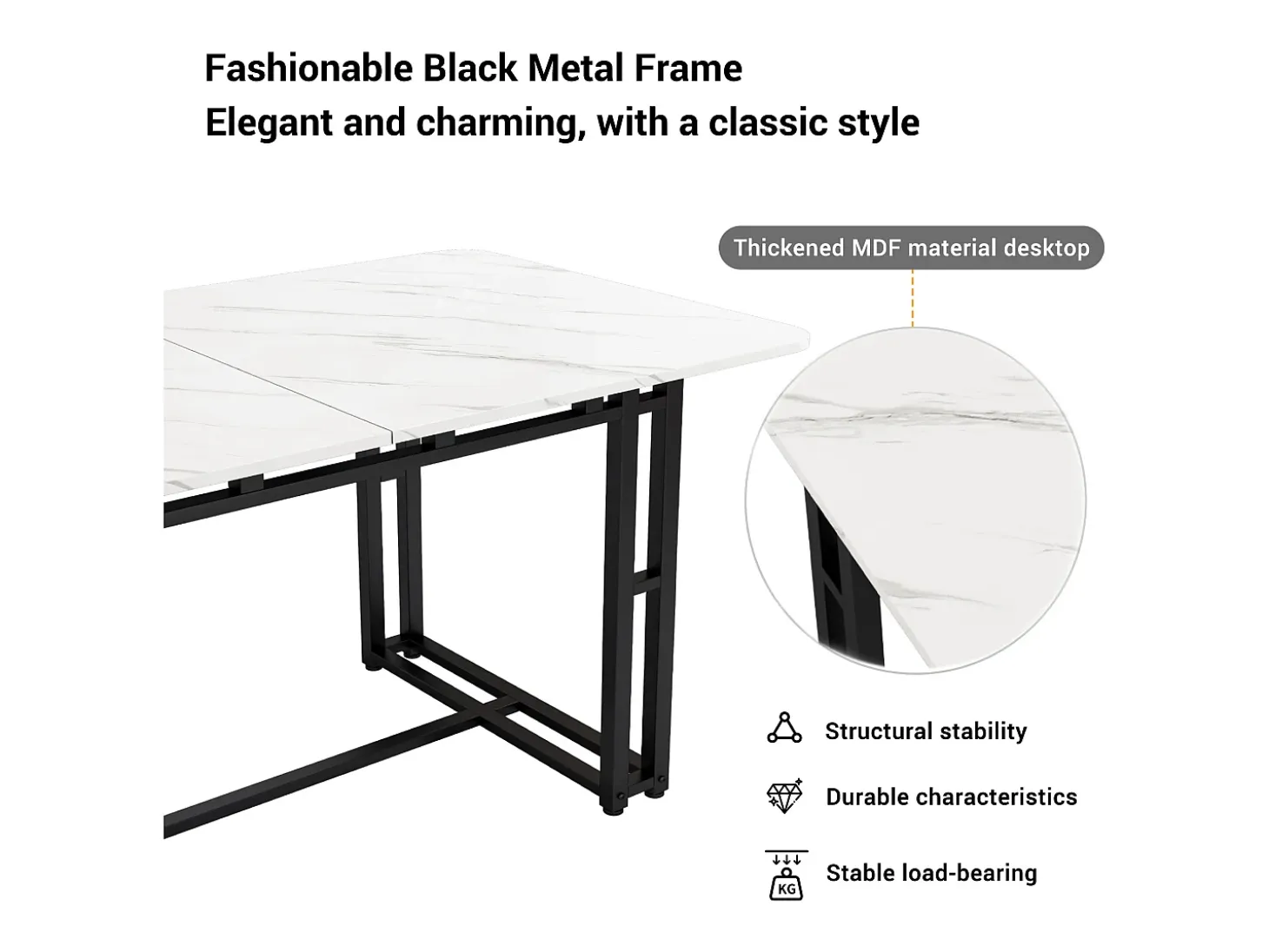 Mesa de comedor para 6 a 8 cubiertos con diseño de mármol - MDF + patas de metal negro - blanco