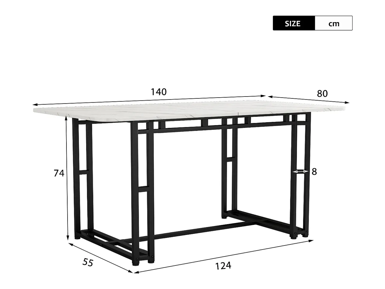 Mesa de comedor para 6 a 8 cubiertos con diseño de mármol - MDF + patas de metal negro - blanco