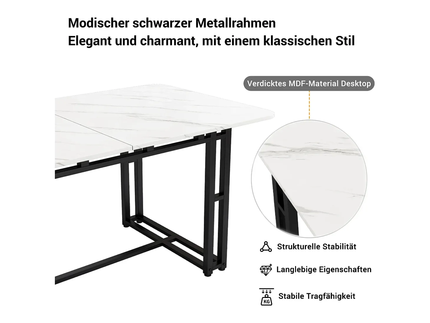 Mesa de comedor para 6 a 8 cubiertos con diseño de mármol - MDF + patas de metal negro - blanco