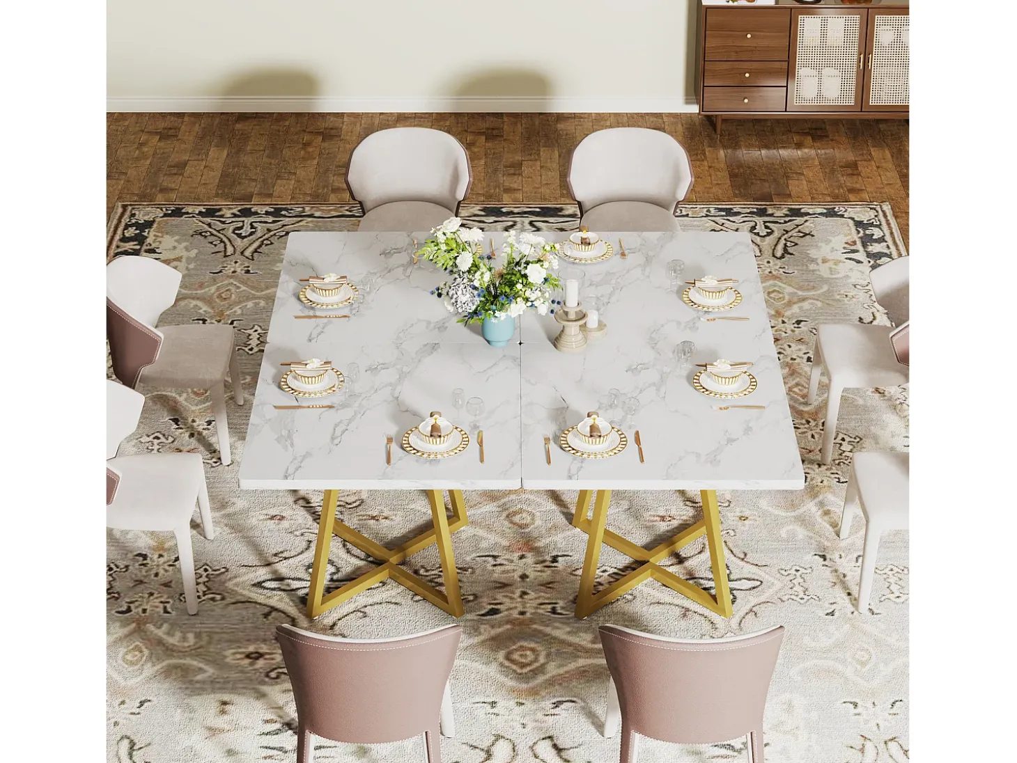 Mesa de comedor para 4 personas, estilo moderno, robusto marco de metal, mesa de cocina de 80 x 80 x 75 cm para comedor (Blanco y Oro)