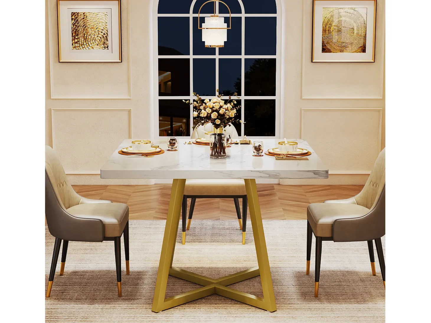 Mesa de comedor para 4 personas, estilo moderno, robusto marco de metal, mesa de cocina de 80 x 80 x 75 cm para comedor (Blanco y Oro)