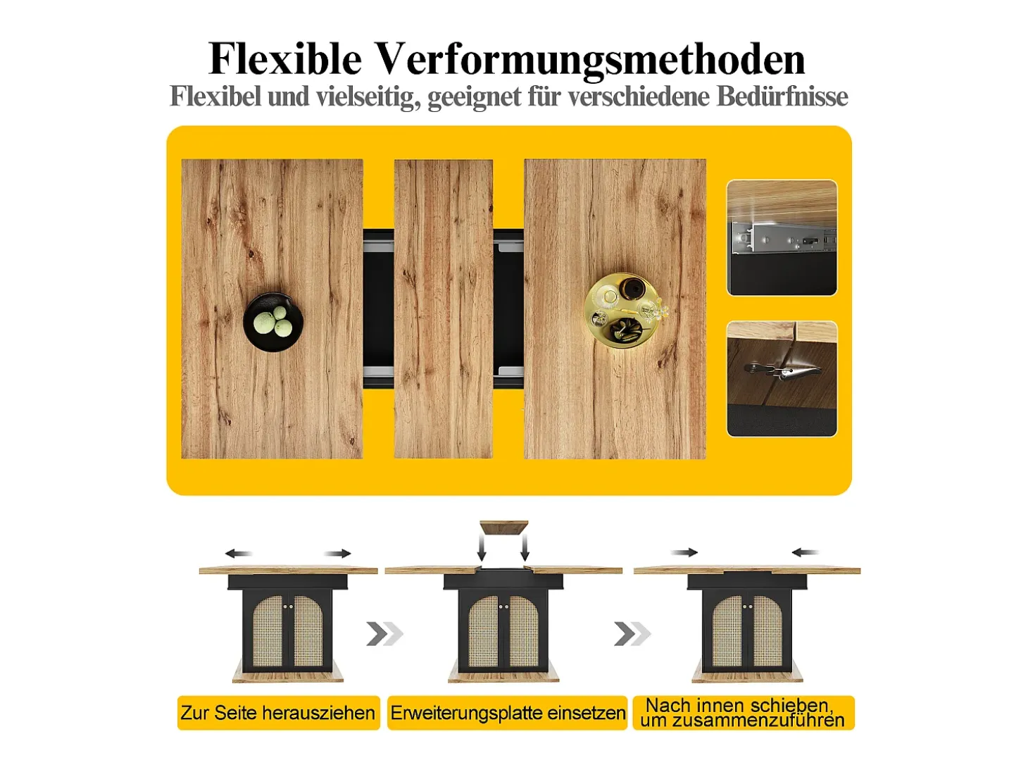 Mesa de comedor plegable para 4-6 personas - 110-140 x 80 x 75 cm - extensible - con 2 puertas de ratán - MDF - color negro