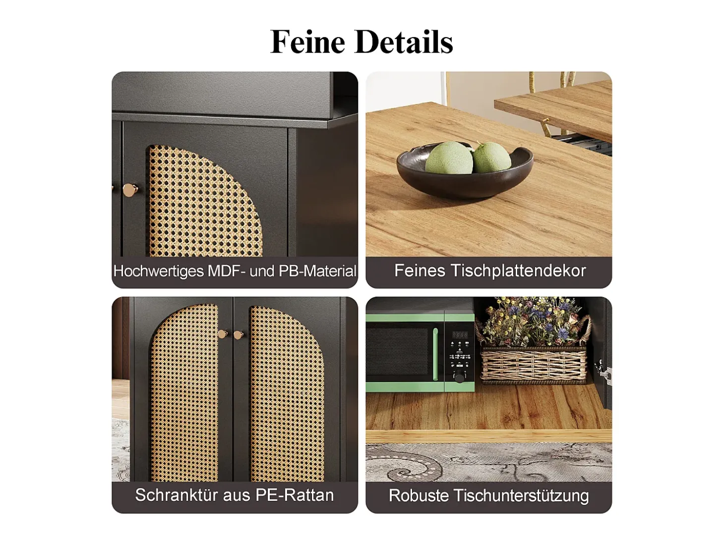 Mesa de comedor plegable para 4-6 personas - 110-140 x 80 x 75 cm - extensible - con 2 puertas de ratán - MDF - color negro