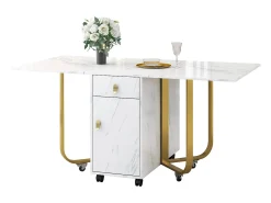 Mesa de comedor plegable con aparador, 2 cajones, hojas abatibles, ahorra espacio (blanco/dorado)