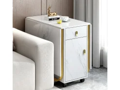 Mesa de comedor plegable con aparador, 2 cajones, hojas abatibles, ahorra espacio (blanco/dorado)