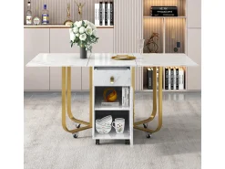 Mesa de comedor plegable con aparador, 2 cajones, hojas abatibles, ahorra espacio (blanco/dorado)