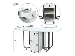 Mesa de comedor plegable con 2 cajones y 2 puertas, móvil con ruedas - blanco y negro