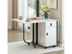Mesa de comedor plegable con 2 cajones y 2 puertas, móvil con ruedas - blanco y negro